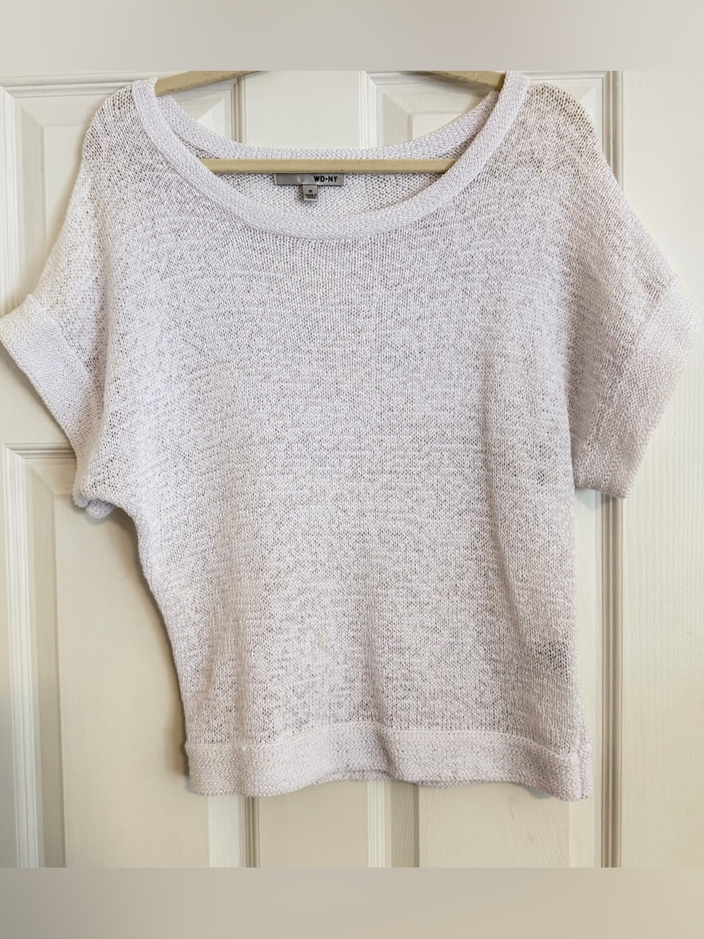 WD.NY White Open Knit Short Sleeve Sweater Top Medium Cotton Blend
